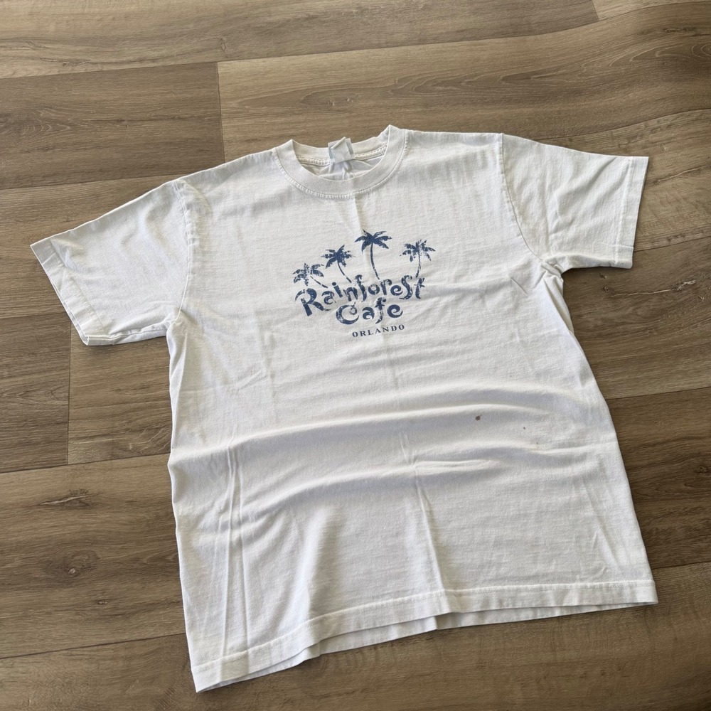 Rainforest Cafe Orlando Souvenir Graphic T-Shirt White Blue Palm Trees Mens M